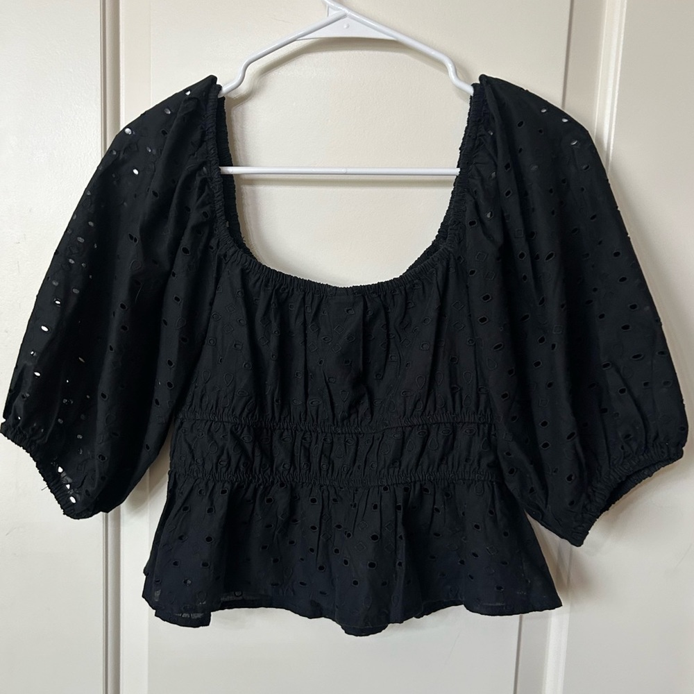 Women’s Puff Eyelet Black Blouse - Picture 3 of 4